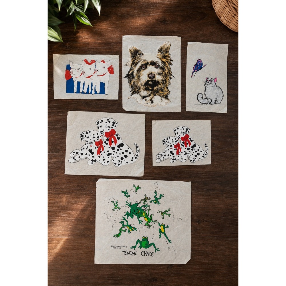 Vintage 1980s Animal Iron-On Transfers Lot of 6 Dogs Cats Pigs Frogs Teletrend
